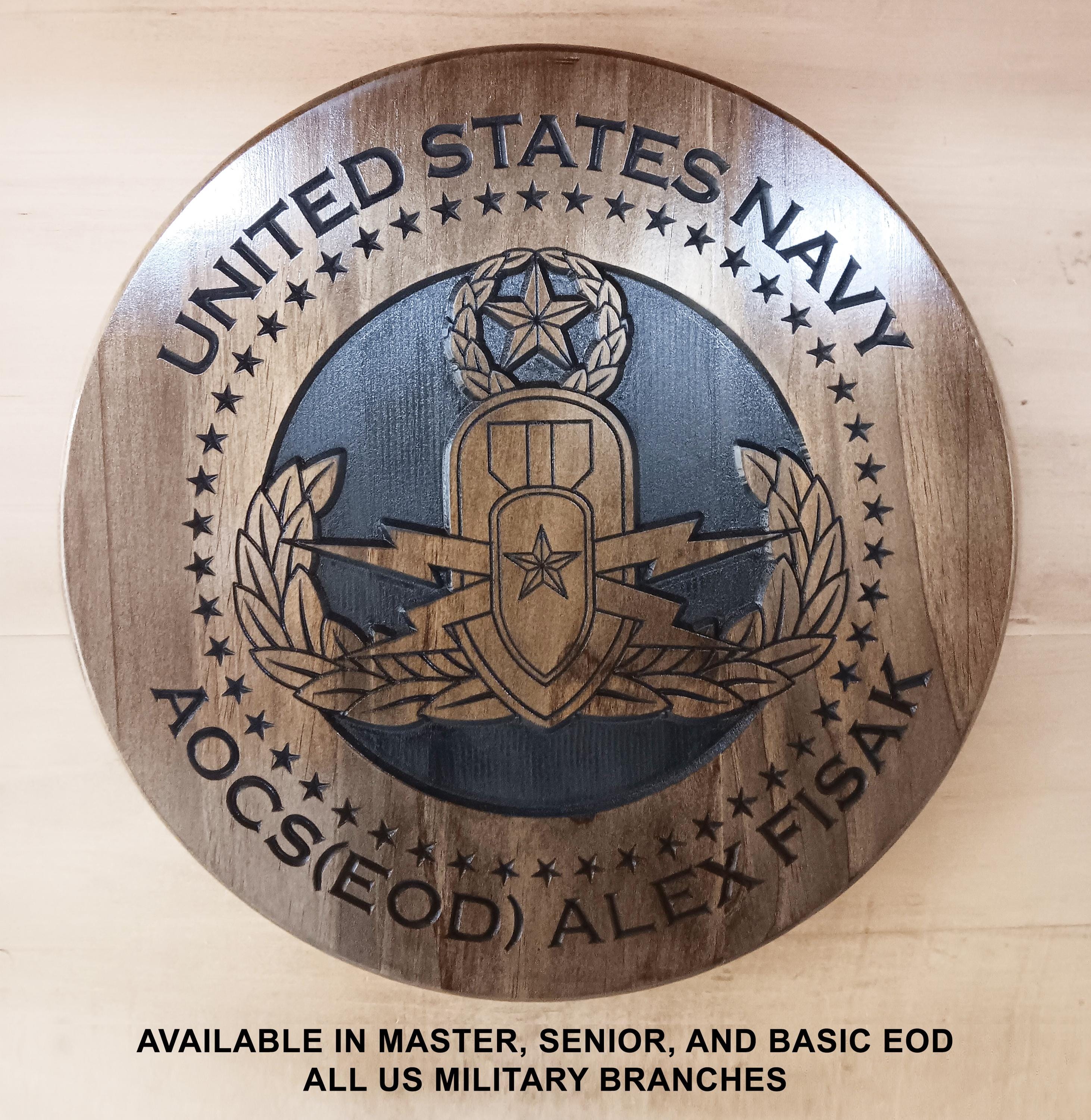 US Military EOD Plaque - Basic, Senior, Master - Free Customization - Veteran-Made in the USA