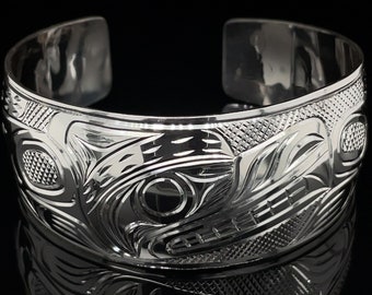 NORTHWEST COAST First Nations Wolf Design Bracelet- 1” x 6" Sterling Silver (or choose your design) by Sammy Dawson, Kwak’waka’wakw