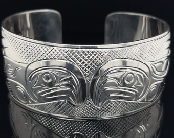 Silver First Nations Salmon Design Bracelet by Sammy Dawson, Kwak’waka’wakw 6” X 1"