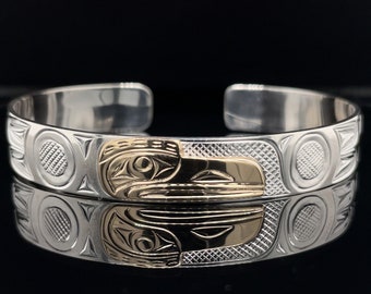 3/8” 14k Gold & Sterling Silver First Nations Raven Design Bracelet by Sammy Dawson, Kwak’waka’wakw