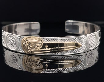 3/8” 14k Gold & Sterling Silver First Nations Hummingbird Design Bracelet by Sammy Dawson, Kwak’waka’wakw