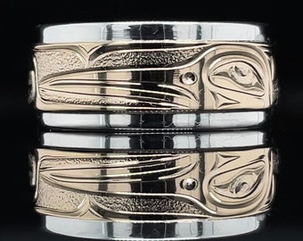 5/16" “Wrap” Hummingbird Ring by Joe Descoteaux - 14k gold & Sterling silver (Or choose: Bear, Eagle, Orca, Raven, Wolf)