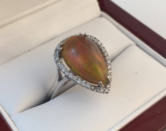 NEW- 14k White 3.38 ct pear shaped Opal & Diamond Ring Gemologist Appraised 3340