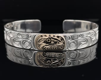 3/8” 14k Gold & Sterling Silver WOLF Bracelet by Sammy Dawson, Kwak’waka’wakw