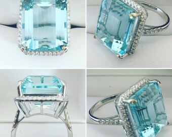 NEW- 18K White Gold 18.35 ct Natural Aquamarine (VS Clarity) & Diamond Engagement Ring Gemologist Appraised 14,370 GIA Certificate