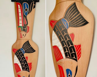 NORTHWEST COAST First Nations 25" Bear and Salmon Paddle by Neil Baker, Squamish