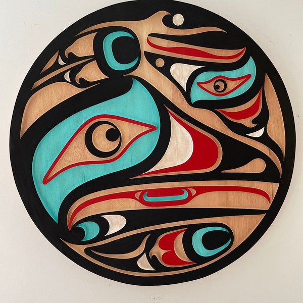 CUSTOM ORDER First Nations Indigenous 24" Sandblasted Cedar Hummingbird Panel by Trevor Hunt, Kwakiutl