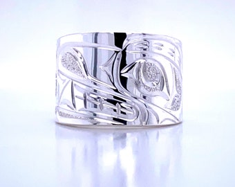 1/2” Bear Ring in Sterling Silver by artist Joe Descoteaux (OR Bear, Hummingbird, Eagle, Orca, Raven, Salmon, Wolf)
