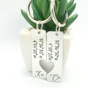 Couples Set Coordinates Keyring Personalised with initials. Gift for Special place, anniversary, wedding or Valentines Day Gift