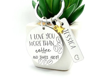 Personalised Coffee Keyring. I love you more than coffee gift. Teenager fathers day gift for coffee lover. Coffee bean style keychain.