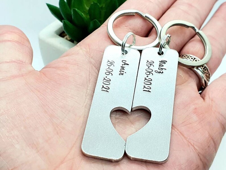 Couples Keyring Set Personalised and Hand Stamped. Gift for Special Relationship Date. Anniversary, Wedding Date Present Valentines Day Gift image 6