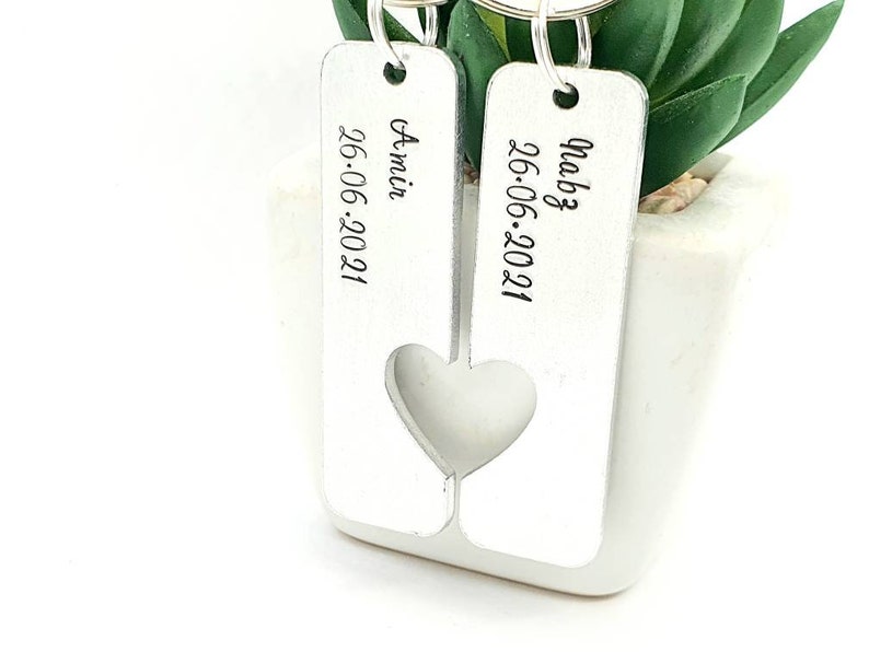 Couples Keyring Set Personalised and Hand Stamped. Gift for Special Relationship Date. Anniversary, Wedding Date Present Valentines Day Gift image 3