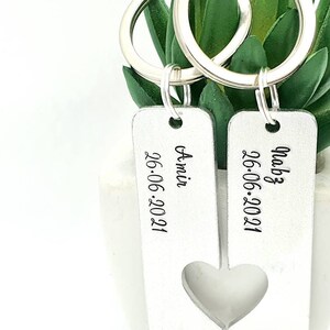 Couples Keyring Set Personalised and Hand Stamped. Gift for Special Relationship Date. Anniversary, Wedding Date Present Valentines Day Gift image 2