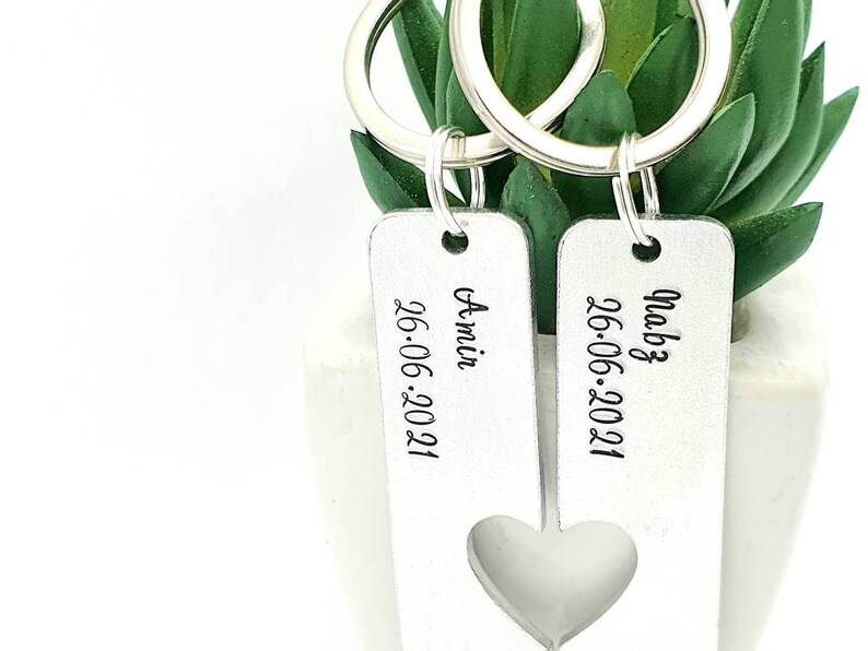 Couples Keyring Set Personalised and Hand Stamped. Gift for Special Relationship Date. Anniversary, Wedding Date Present Valentines Day Gift image 2