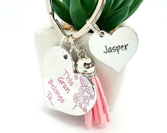 Personalised Gran Keyring. This Gran belongs to keychain. Gift for her from grandchildren.
