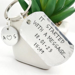 It started with a message relationship gift. Personalised Keyring with date and time.  Couples anniversary Gift