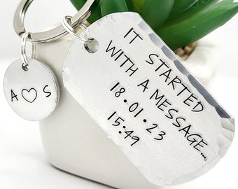 It started with a message relationship gift. Personalised Keyring with date and time.  Couples anniversary Gift