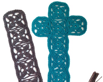 May include: Two handmade crochet items: a dark gray bookmark and a teal cross. The bookmark is rectangular with a floral pattern. The cross is a religious symbol with a similar floral design. Both have attached tassels.