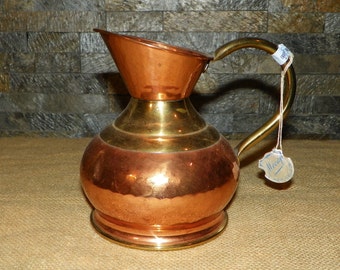 Mecap Copper Pitcher with a Brass Belt and Handle, Made in Belgium With Original Label, Hammered Copper