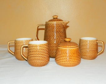 Royal Sealy China, Japan, Teapot, 3 Mugs and Covered Sugar Bowl, Rope Pattern with Original Labels Unused