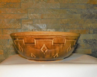 Monmouth Stoneware Diamond Brown Bowl 9" Wide by 3 1/2" High, Mixing Bowl with Diamond Pattern, Great Fruit Bowl