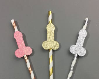 10+ Bachelorette Party Glitter Penis Straws - Party Decor - Wiener, Last Fling before the Ring, Dirty Thirty, Gold Metallic, Gold Glitter