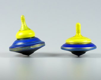 Blue Yellow - Basswood Spinning Top - Hand Crafted