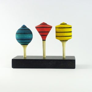 Wooden Set Of 3 Coloured Spinning Tops Including Standard - Hand Crafted