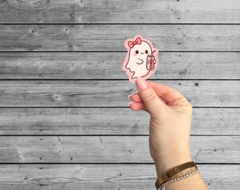 Kawaii Ghost Sticker: Pastel Soda, Girly Halloween Decor