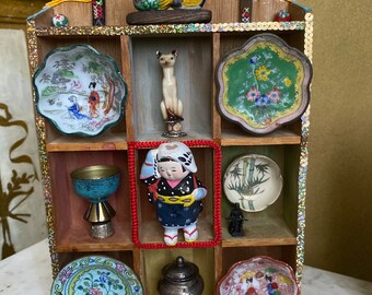 Vintage Shadow Box with Asian Miniatures