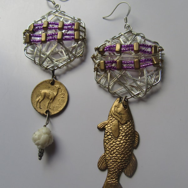 Vintage Earrings with Brass Fish and Peruvian Coin