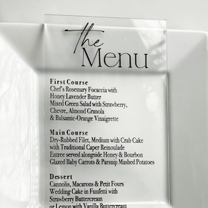 Acrylique transparent, menus de table, menus de table personnalisés, décoration de table de mariage, décoration de mariage, décoration de réception, menus de table modernes