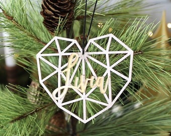 Personalized Heart Christmas Ornaments, Custom Geometric Name Ornament, Christmas Name Ornament, Geometric Heart Ornament, Heart ornament