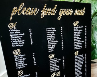 Black Acrylic Seating Chart / Please Find your Seat / Acrylic wedding sign / Custom wedding sign / Seating chart / Gold seating chart