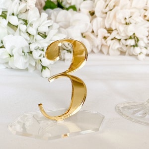 Gold Wedding Table Numbers, Wedding Table Numbers with Base, Reception Table Number, Table Number on Stand, Acrylic Table Numbers with Base image 1