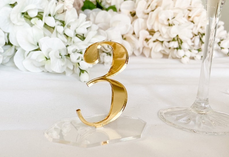 Gold Wedding Table Numbers, Wedding Table Numbers with Base, Reception Table Number, Table Number on Stand, Acrylic Table Numbers with Base image 1