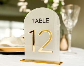 Arched Frosted Acrylic Table Numbers - Gold Wedding Table Numbers with Stands - 3D Table Numbers - Wedding Reception Decor - Ceremony Decor