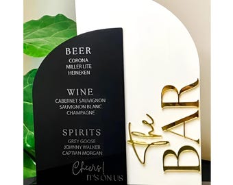 Arched Wedding Bar Sign, Black Acrylic Bar Sign, Gold Bar Sign, Signature Drinks, Wedding Cocktails, Wedding Reception Decor, Bar Menu
