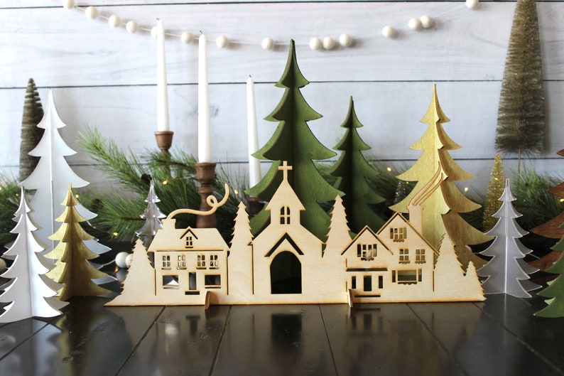 Christmas village scene, Village Scene, Christmas village, Christmas Deco, Holiday Decor, Christmas gift, Wood village, holiday village image 3