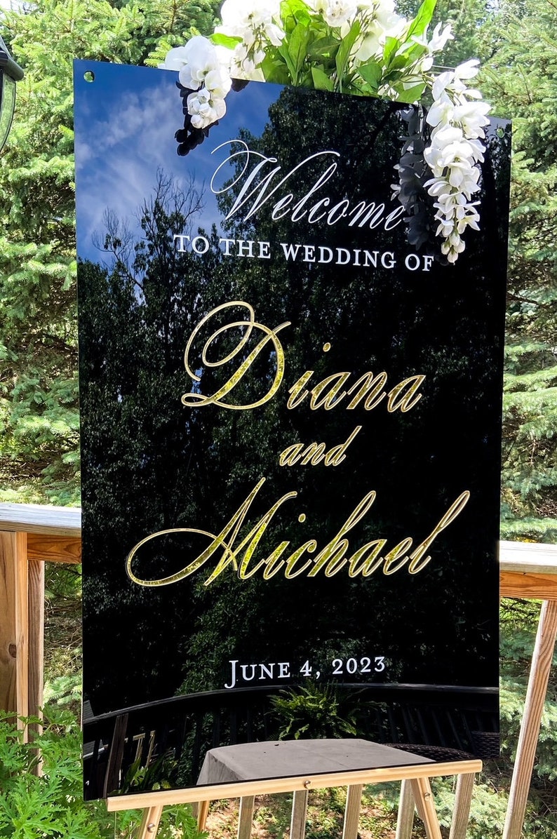 Black Wedding Welcome Sign, Gold Welcome Sign, Personalized Wedding Ceremony Sign, Wedding Reception Sign, Gold Mirror Acrylic Welcome Sign image 5