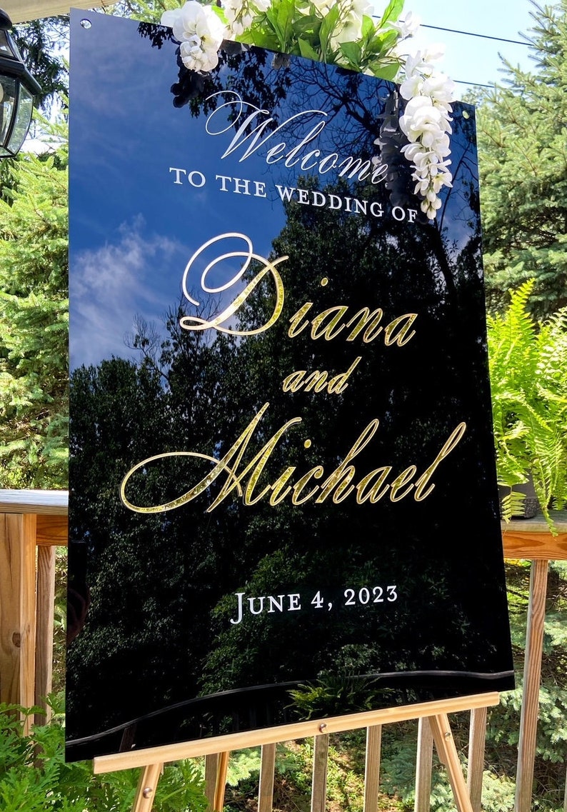 Black Wedding Welcome Sign, Gold Welcome Sign, Personalized Wedding Ceremony Sign, Wedding Reception Sign, Gold Mirror Acrylic Welcome Sign image 1