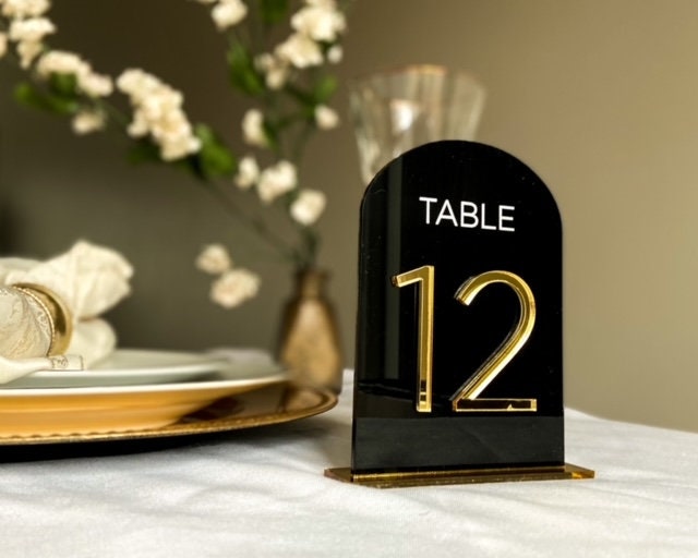 Black Acrylic Arched Table Number, 3D Gold Number, Wedding Table Numbers, Modern  Table Numbers, Calligraphy Table Numbers, Wedding Décor 
