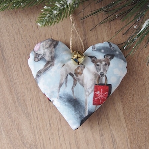 Whippet hanging heart, dog Christmas decoration, &#39;&#39;greyhound with gift&#39;&#39; fabric heart, lurcher ornament, dog lover gift, Christmas gift