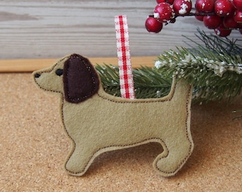 Wool Felt Dachshund Christmas Ornament, Embroidered Sausagedog Decoration