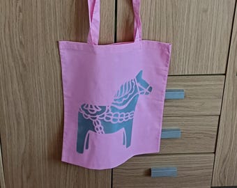 Pink Dala Horse Tote Bag: Scandinavian Folk Art Cotton Shopping Bag