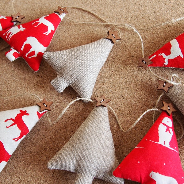 Christmas garland, fireplace garland, fabric Nordic bunting, Christmas decoration, fabric Christmas trees, wooden buttons, Scandi garland