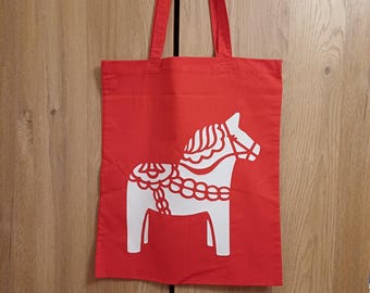 Red Dala Horse Tote Bag: Scandinavian Folk Art Cotton Shopping Bag
