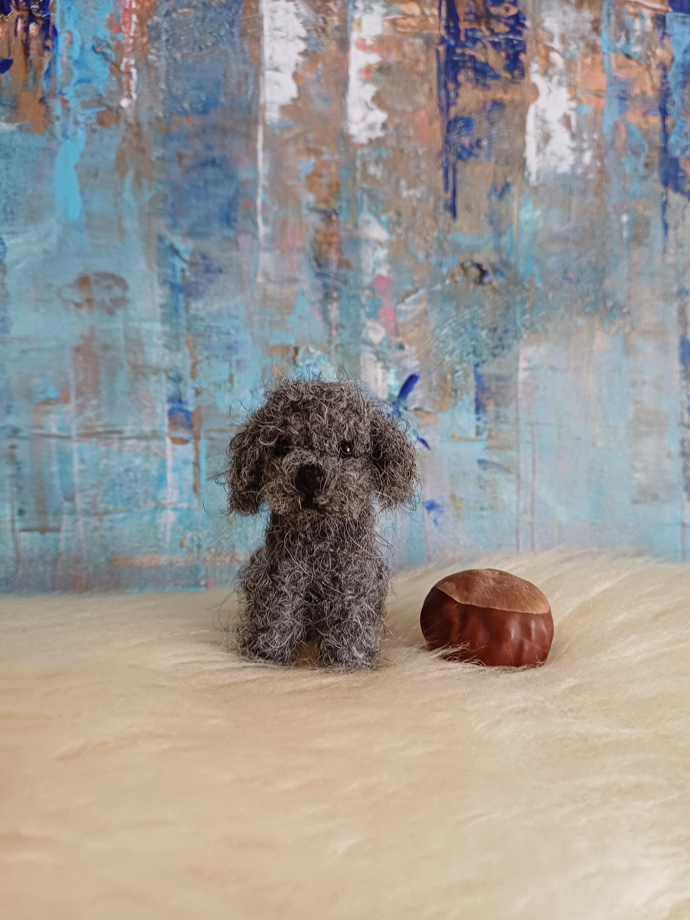 OOAK grey Poodle figurine, Wool & Alpaca Miniature Dog, wool puppy sculpture, Unique Gift