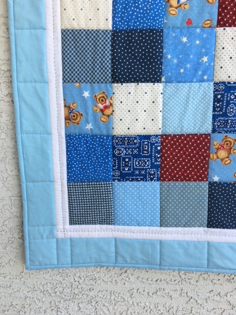 Teddy Bear Quilt, Baby Boy Quilt, Handmade Baby Quilt, Blue Quilt