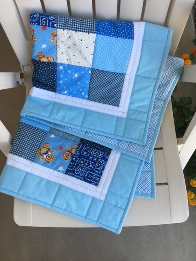 Teddy Bear Quilt, Baby Boy Quilt, Handmade Baby Quilt, Blue Quilt